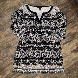 White House Black Market Black and White Ornate Tunic
